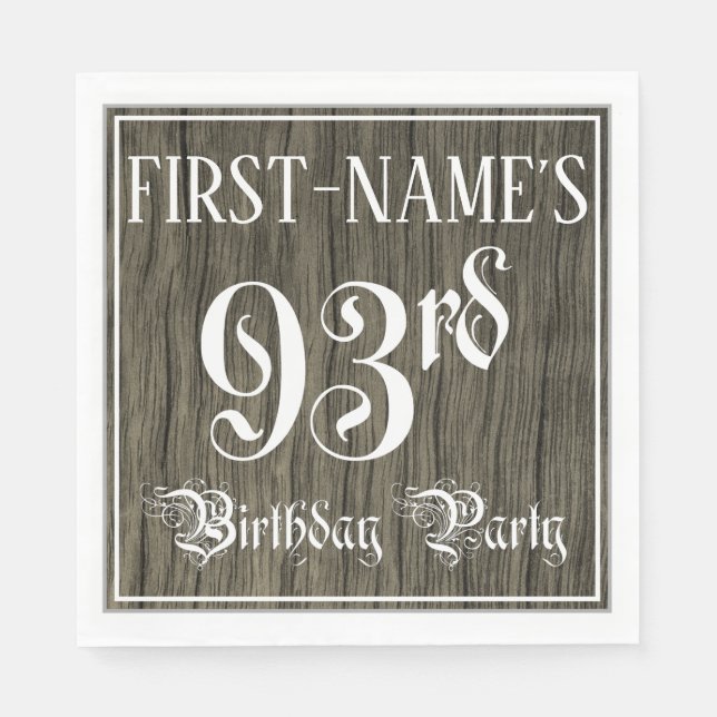 93rd Birthday Party — Fancy Script, Faux Wood Look Napkin (Front)