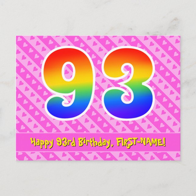 93rd Birthday: Pink Stripes & Hearts, Rainbow 93 Postcard (Front)