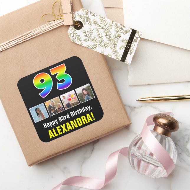 93rd Birthday: Rainbow “93”; Custom Photos & Name Square Sticker (Gifting)