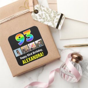 93rd Birthday: Rainbow “93”; Custom Photos & Name Square Sticker