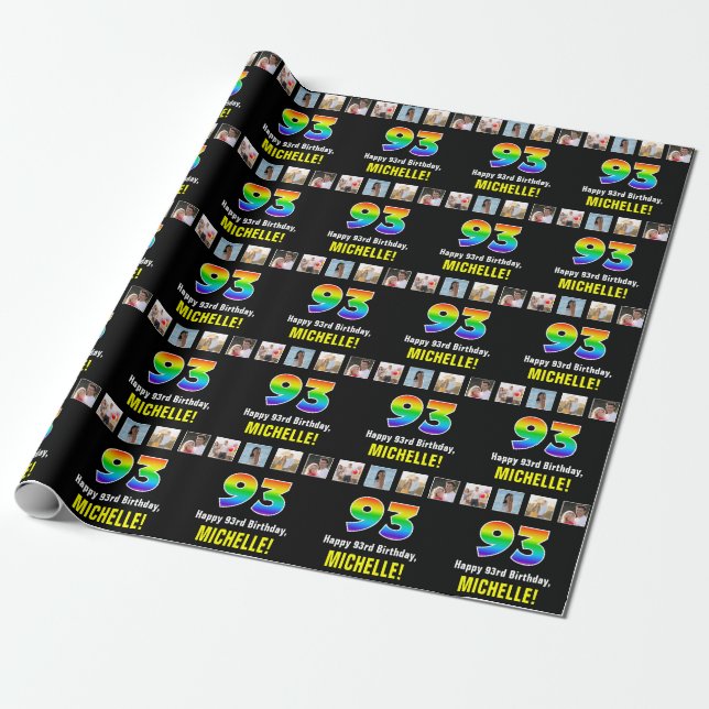 93rd Birthday: Rainbow “93“; Custom Photos & Name Wrapping Paper (Unrolled)