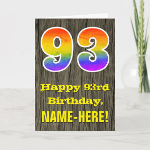 93rd Birthday: Rustic Faux Wood Look, Rainbow "93" Card