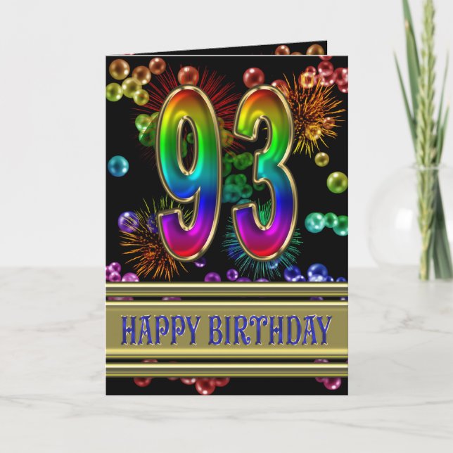 93rd Birthday with rainbow bubbles and fireworks Card (Front)