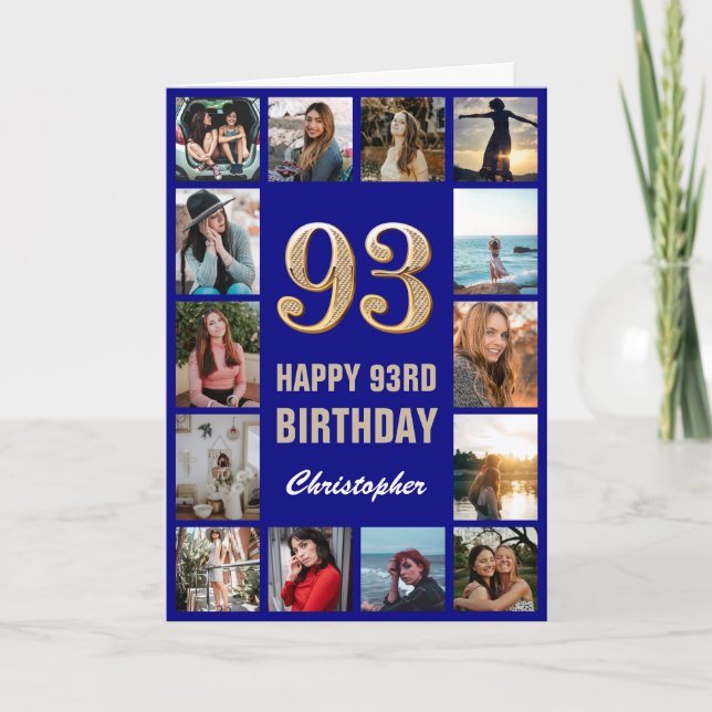 93rd Happy Birthday Navy Blue & Gold Photo Collage Card (Front)
