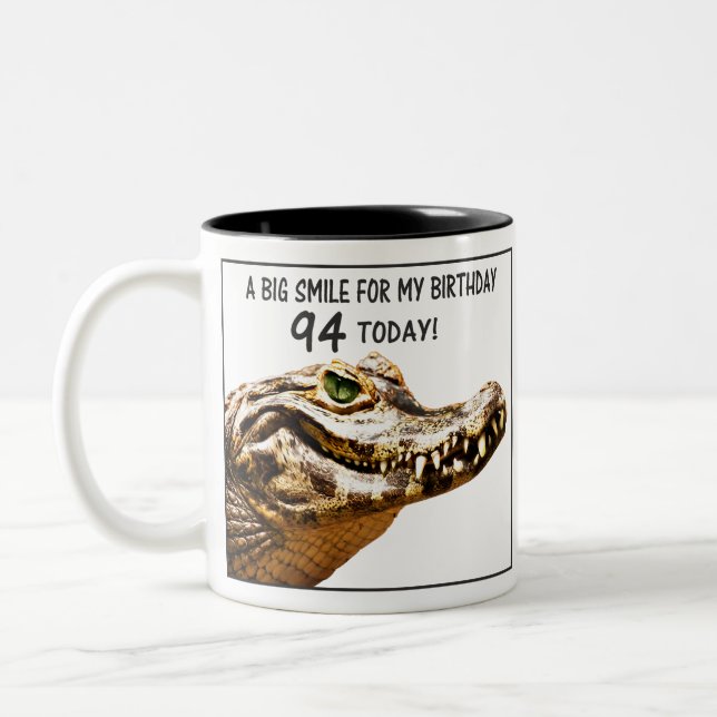 94th Birthday Alligator Smile Two-Tone Coffee Mug (Left)