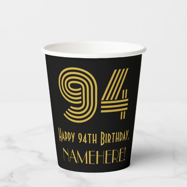 94th Birthday: Art Deco Inspired Look “94” & Name Paper Cups (Back)