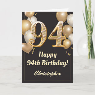 94th Birthday Black and Gold Balloons Confetti Card