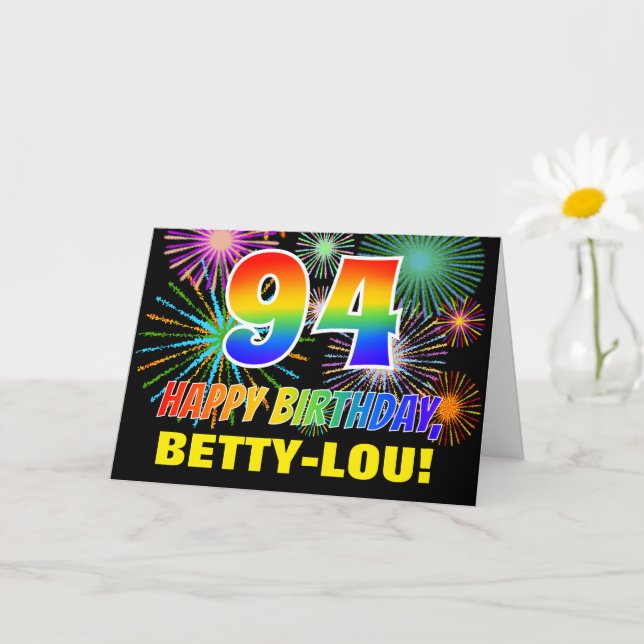 94th Birthday: Bold, Fun, Fireworks, Rainbow 94 Card (Small Plant)