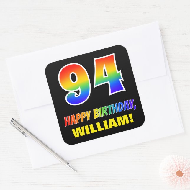 94th Birthday: Bold, Fun, Simple, Rainbow 94 Square Sticker (Envelope)