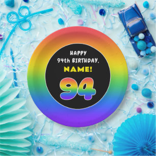 94th Birthday: Colorful Rainbow # 94, Custom Name Paper Plate
