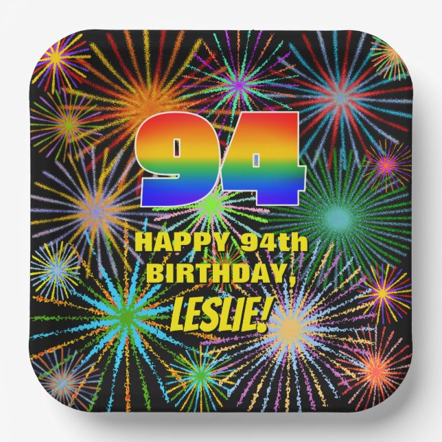 94th Birthday: Colourful, Fun Celebratory Firework Paper Plate (Front)