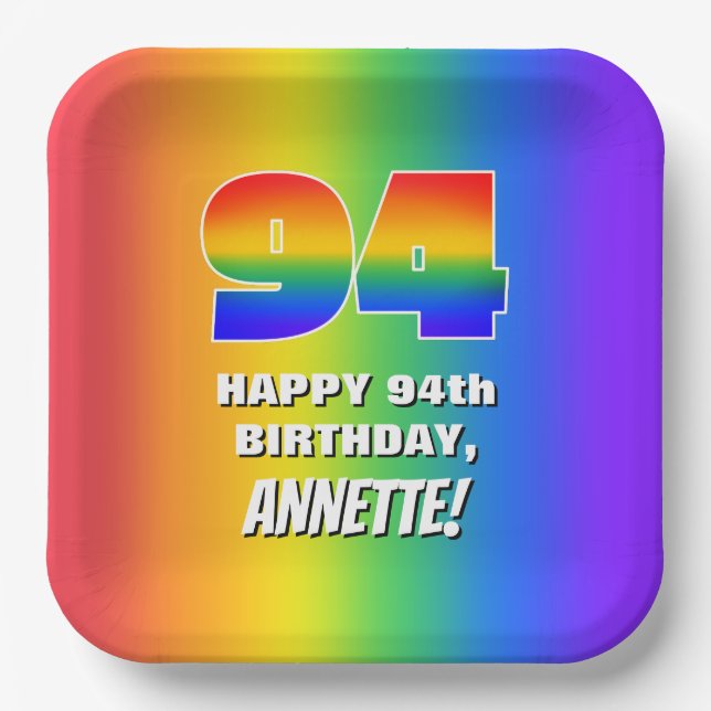 94th Birthday: Colourful, Fun Rainbow Pattern # 94 Paper Plate (Front)
