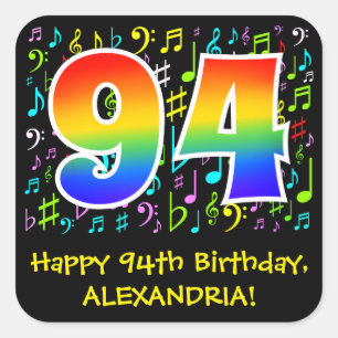 94th Birthday: Colourful Music Symbols, Rainbow 94 Square Sticker