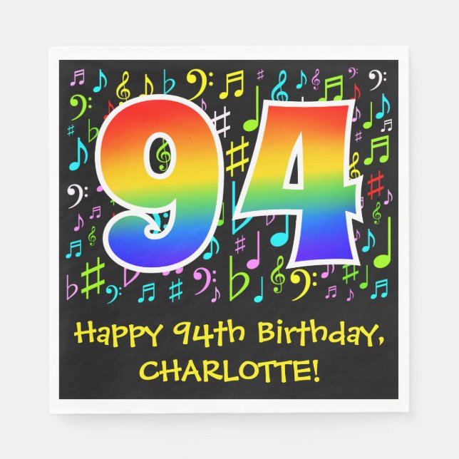 94th Birthday - Colourful Music Symbols, Rainbow 9 Napkin (Front)