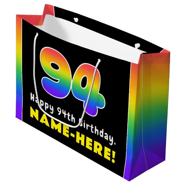 94th Birthday: Colourful Rainbow # 94, Custom Name Large Gift Bag (Front Angled)