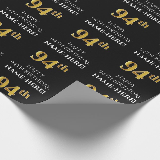 94th Birthday: Elegant, Black, Faux Gold Look Wrapping Paper (Corner)