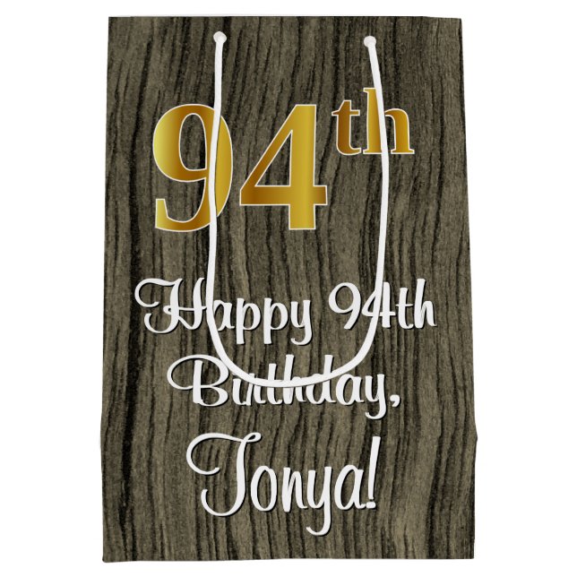 94th Birthday: Elegant Faux Gold Look #, Faux Wood Medium Gift Bag (Back)