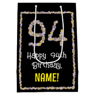 94th Birthday: Floral Flowers Number, Custom Name Medium Gift Bag