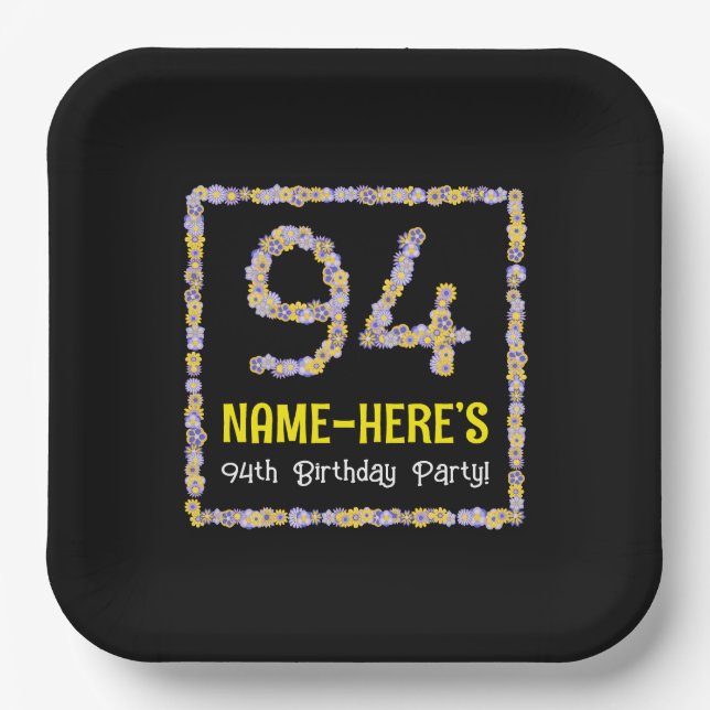 94th Birthday: Floral Flowers Number, Custom Name Paper Plate (Front)