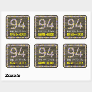 94th Birthday: Floral Number, Faux Wood Look, Name Square Sticker
