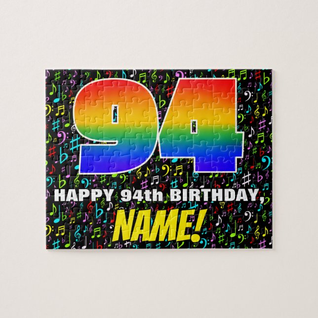 94th Birthday — Fun, Colourful Music Symbols & “94 Jigsaw Puzzle (Horizontal)