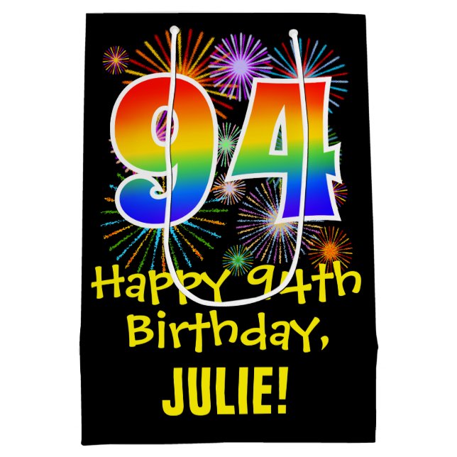 94th Birthday: Fun Fireworks Pattern + Rainbow 94 Medium Gift Bag (Back)