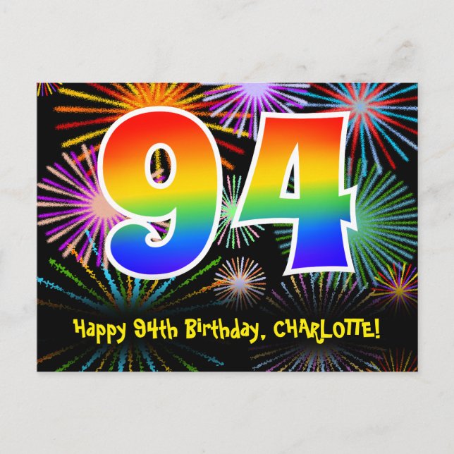 94th Birthday – Fun Fireworks Pattern + Rainbow 94 Postcard (Front)