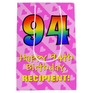 94th Birthday: Fun Pink Hearts Stripes; Rainbow 94 Medium Gift Bag