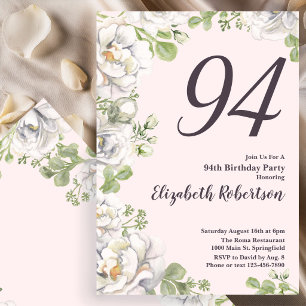 94th Birthday Invitation Blush Pink Floral Peonies