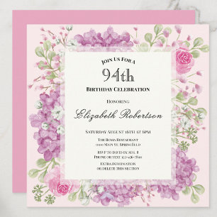 94th Birthday Invitation Elegant Pink Flowers