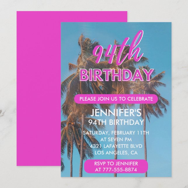 94th birthday invitation Summer Pink Palm tree (Front/Back)