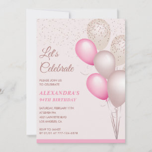 94th birthday invitations Pink Balloons Confetti
