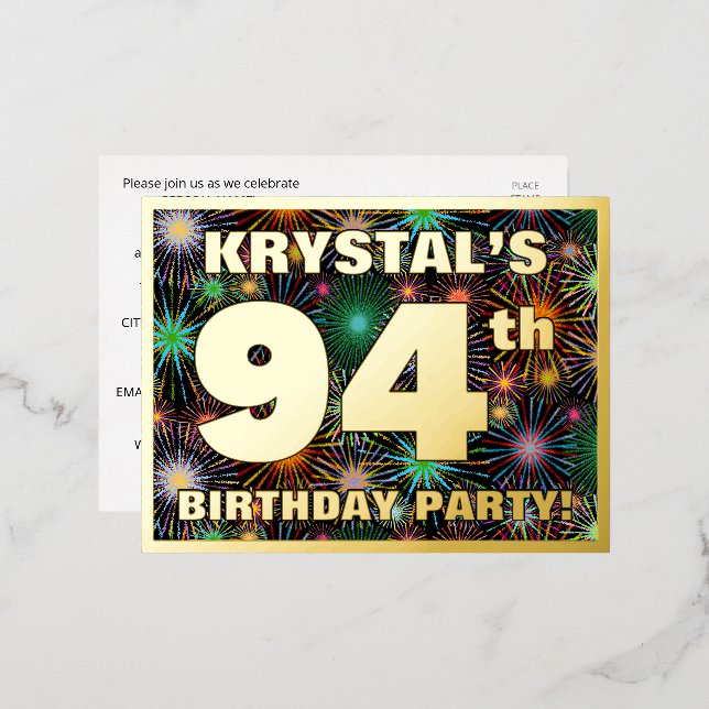 94th Birthday Party: Bold, Colourful Fireworks Loo Foil Invitation Postcard (Front/Back)