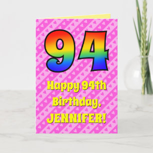 94th Birthday: Pink Stripes & Hearts, Rainbow # 94 Card