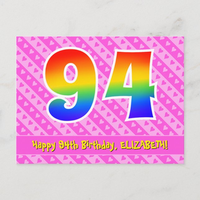 94th Birthday: Pink Stripes & Hearts, Rainbow 94 Postcard (Front)