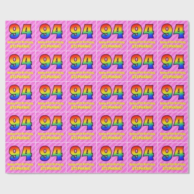 94th Birthday: Pink Stripes & Hearts, Rainbow # 94 Wrapping Paper (Flat)