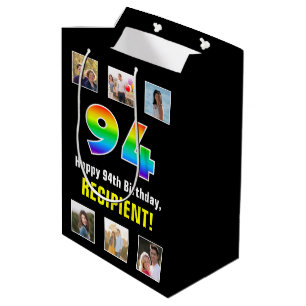 94th Birthday: Rainbow “94“, Custom Photos & Name Medium Gift Bag