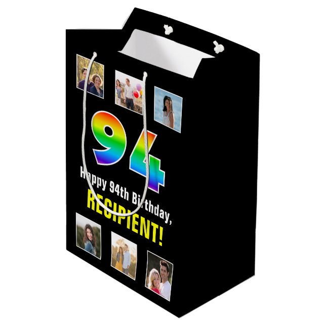 94th Birthday: Rainbow “94“, Custom Photos & Name Medium Gift Bag (Back Angled)
