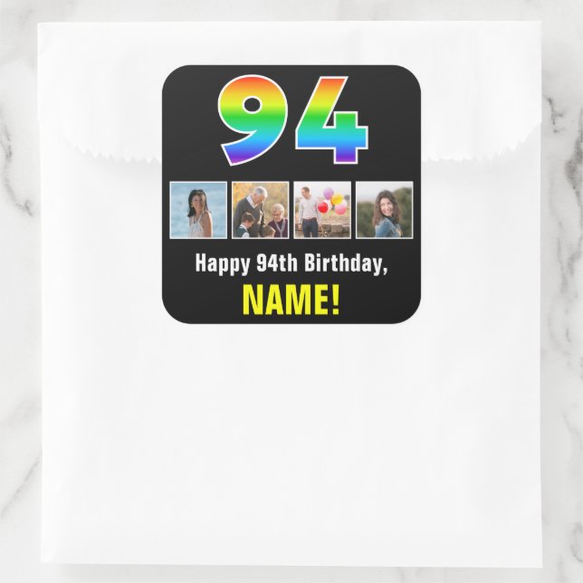 94th Birthday: Rainbow “94”; Custom Photos & Name Square Sticker (Bag)