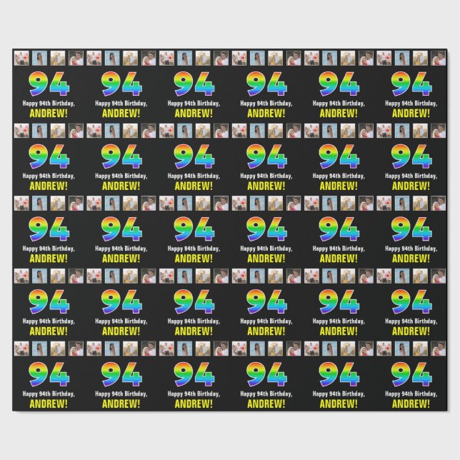 94th Birthday: Rainbow “94“; Custom Photos & Name Wrapping Paper (Seam)