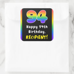 94th Birthday: Rainbow Spectrum # 94, Custom Name Square Sticker