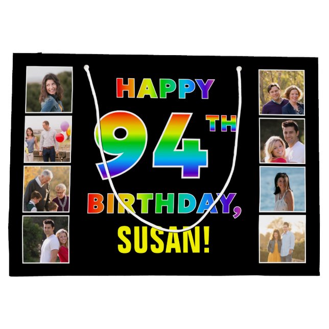 94th Birthday: Rainbow Text, Custom Photos & Name Large Gift Bag (Back)