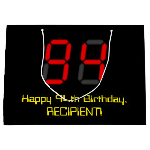 94th Birthday: Red Digital Clock Style "94" + Name Large Gift Bag
