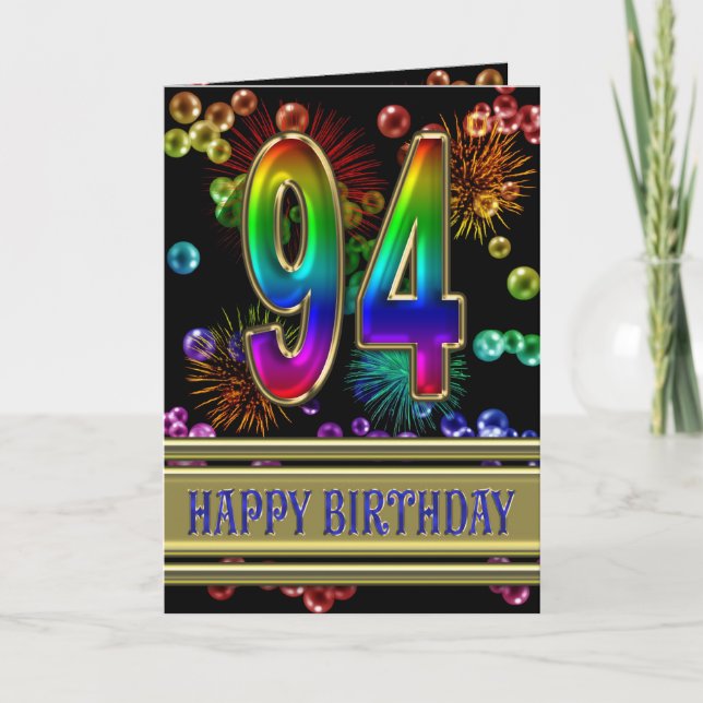 94th Birthday with rainbow bubbles and fireworks Card (Front)