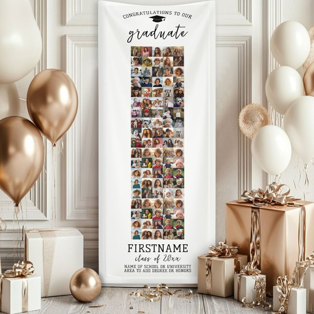 95 Photo Collage Graduation Modern Minimal White Banner (Custom Graduation Banner - Great for a backdrop or Grad Party Decoration)