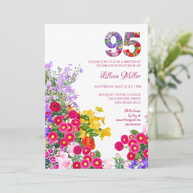 95 Years Elegant Garden Floral – 95th Birthday Invitation (Standing Front)