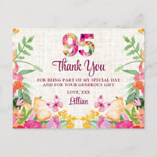 95 Years Flowers Floral Linen 95th Birthday Thanks Postcard