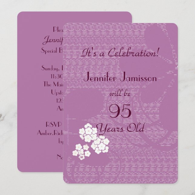 95 Years Old Purple Floral Birthday Party Invite (Front/Back)