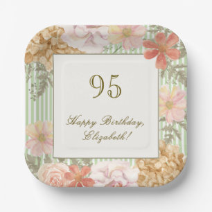 95th Birthday Autumn Colour Floral Stripe Paper Plate