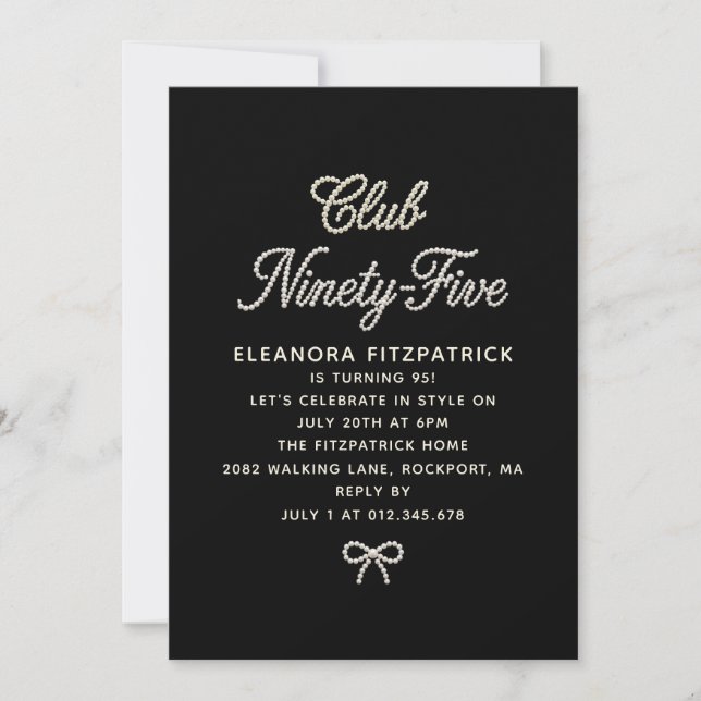 95th Birthday Black White Pearl Script Bow Invitation (Front)
